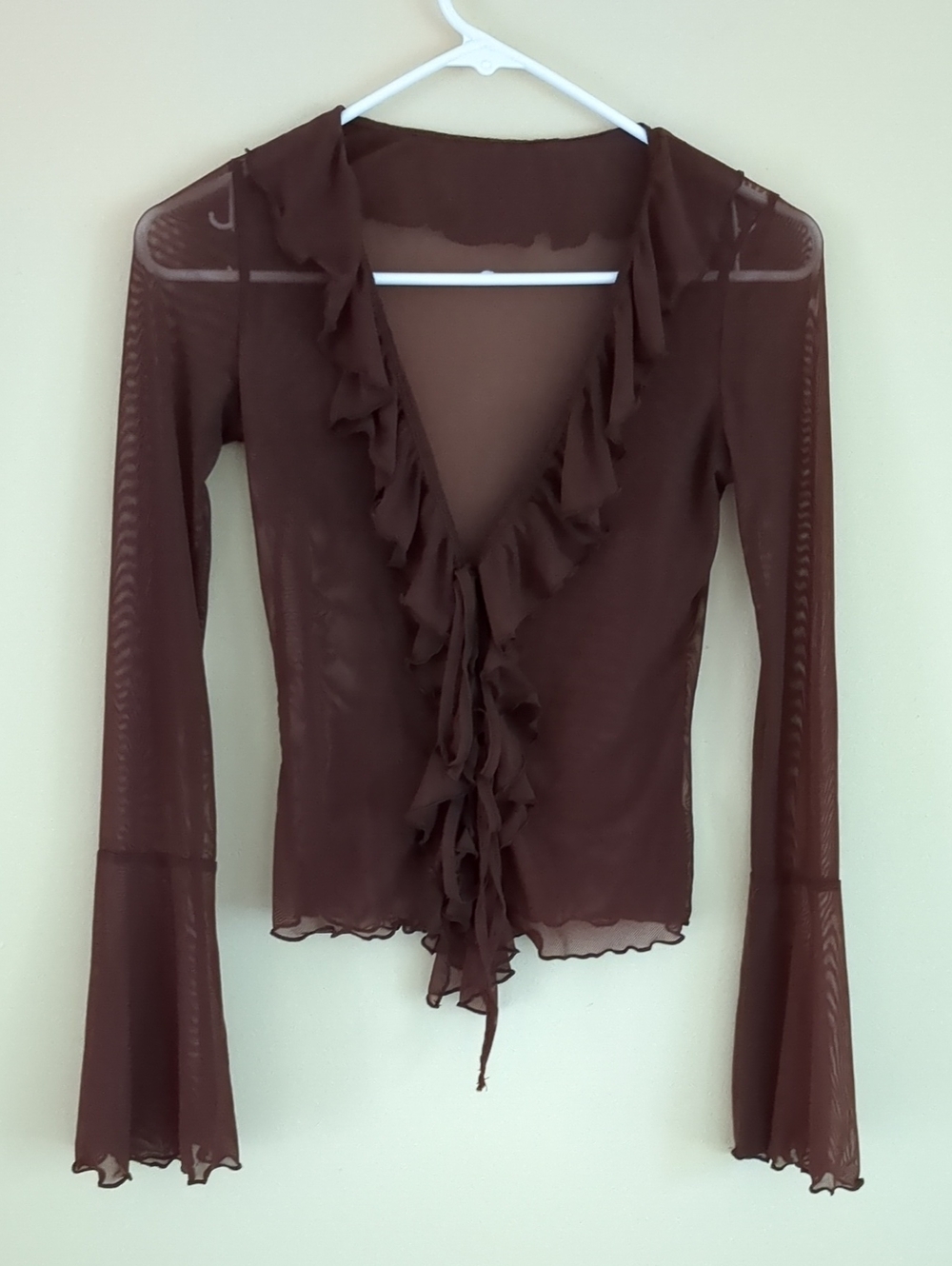 17" Pit-to-pit Sheer Brown Long Sleeve Ruffle Stretch Top